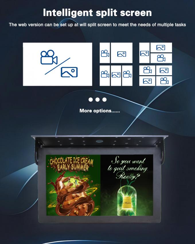 شاشة عرض رقمية للحافلات LCD مثبتة على السقف مقاس 21.5 بوصة بنظام Android 7.1، خادم سحابي مجاني، 1 جيجابايت + 32 جيجابايت، واي فاي، مصعد، إرشاد، تعليم 3