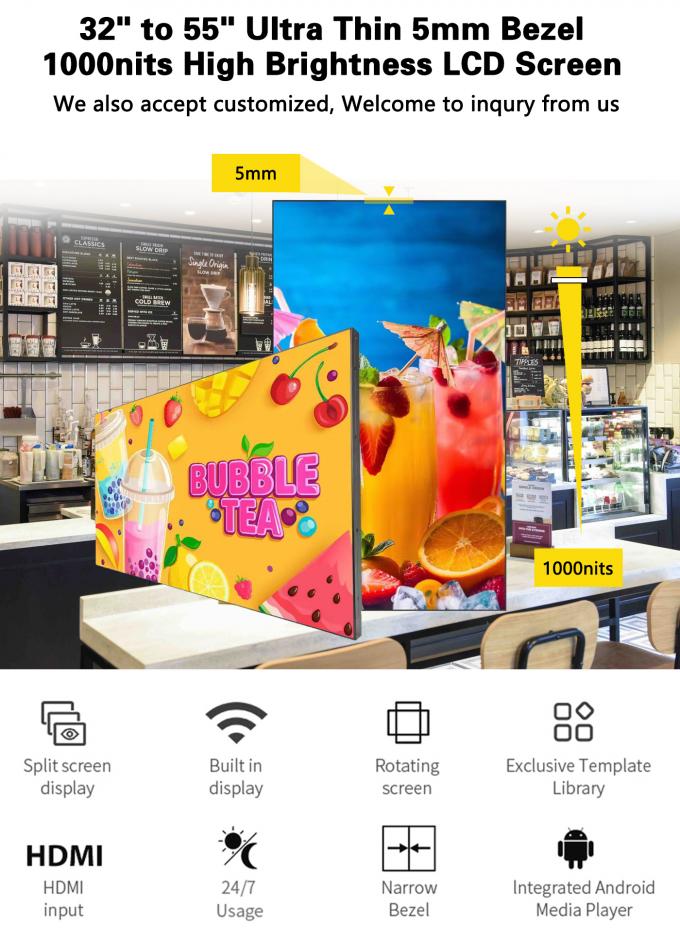 شاشة فيديو LCD فائقة النحافة مقاس 32~55 بوصة مع شبكة Wi-Fi وحلقة، سطوع 1000 شمعة، مخصصة لجدران الشاشات الرقمية في مراكز التسوق والإرشاد 0