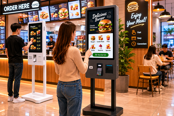 كيوسك ذات خدمة ذاتية ذات شاشة لمسة سعة 32 بوصة مع طابعة حرارية وماسح رمز QR NFC